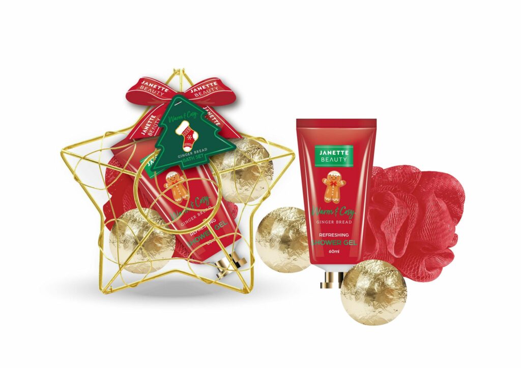 VÁNOČNÍ SET (Perníček) přináší malý, ale originální vánoční dárek. Spojuje sprchový gel, šumivé koule a houbičku, vše provoněné vůní čerstvě upečeného perníku. Vánoční hvězda dodává balení sváteční atmosféru, díky čemuž je sada perfektním tipem na drobnou, ale stylovou pozornost.