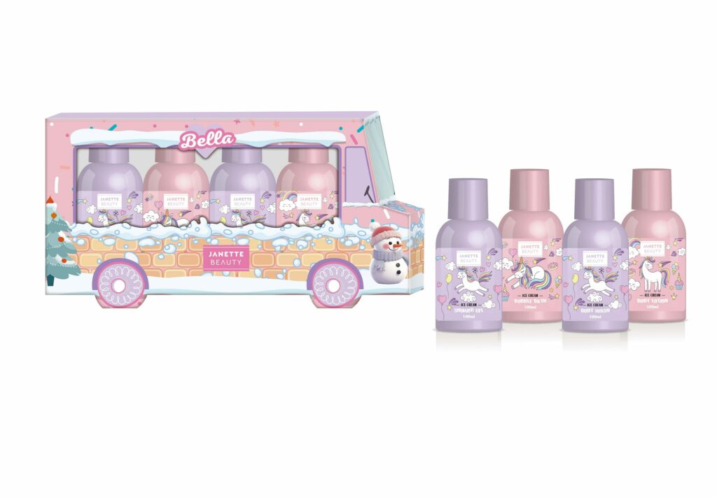 Kosmetický dětský set Janette Beauty s vůní zmrzliny spojuje radost z koupele a jemnou péči o dětskou pokožku. Obsahuje sprchový gel, pěnu do koupele, tělový mycí gel a tělové mléko – vše v praktickém balení. Sladká zmrzlinová vůně zpříjemní každodenní hygienu a navodí dětem radostnou atmosféru. Tato sada je vhodná jako originální kosmetický dárek pro děti, který potěší svou hravostí i praktičností.