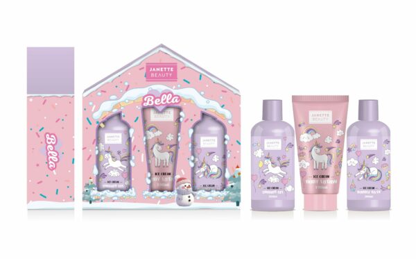 Kosmetická dětská kolekce Janette Beauty s vůní zmrzliny nabízí kombinaci příjemné koupele a pečující hydratace. Sprchový gel a pěna do koupele jemně čistí a provoní pokožku, zatímco tělové mléko dodává potřebnou vláhu. Sladká zmrzlinová vůně rozzáří koupelnu a vykouzlí úsměv na dětské tváři. Sada je ideální pro každodenní použití a díky atraktivnímu balení také jako kosmetický dárek pro děti.