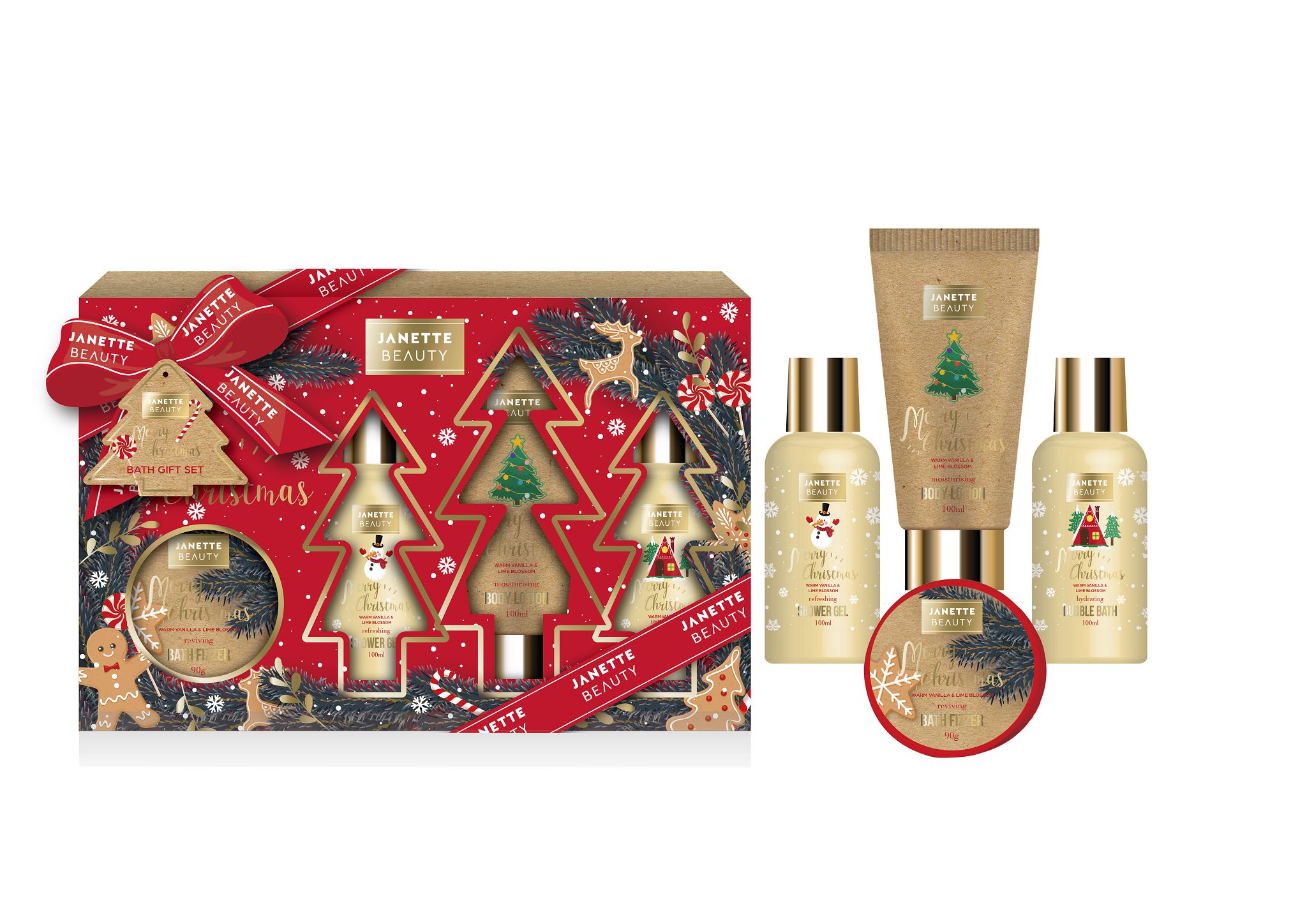 VÁNOČNÍ DÁREK s vůní Teplá vanilka a květ limetky je čtyřdílná sada, která spojuje tělovou péči s relaxační koupelí. Sprchový gel a pěna osvěží pokožku, tělové mléko ji zanechá hydratovanou a koule do koupele přinese aromatický zážitek. Tento vánoční set je perfektním tipem na sváteční dárek pro ženy.