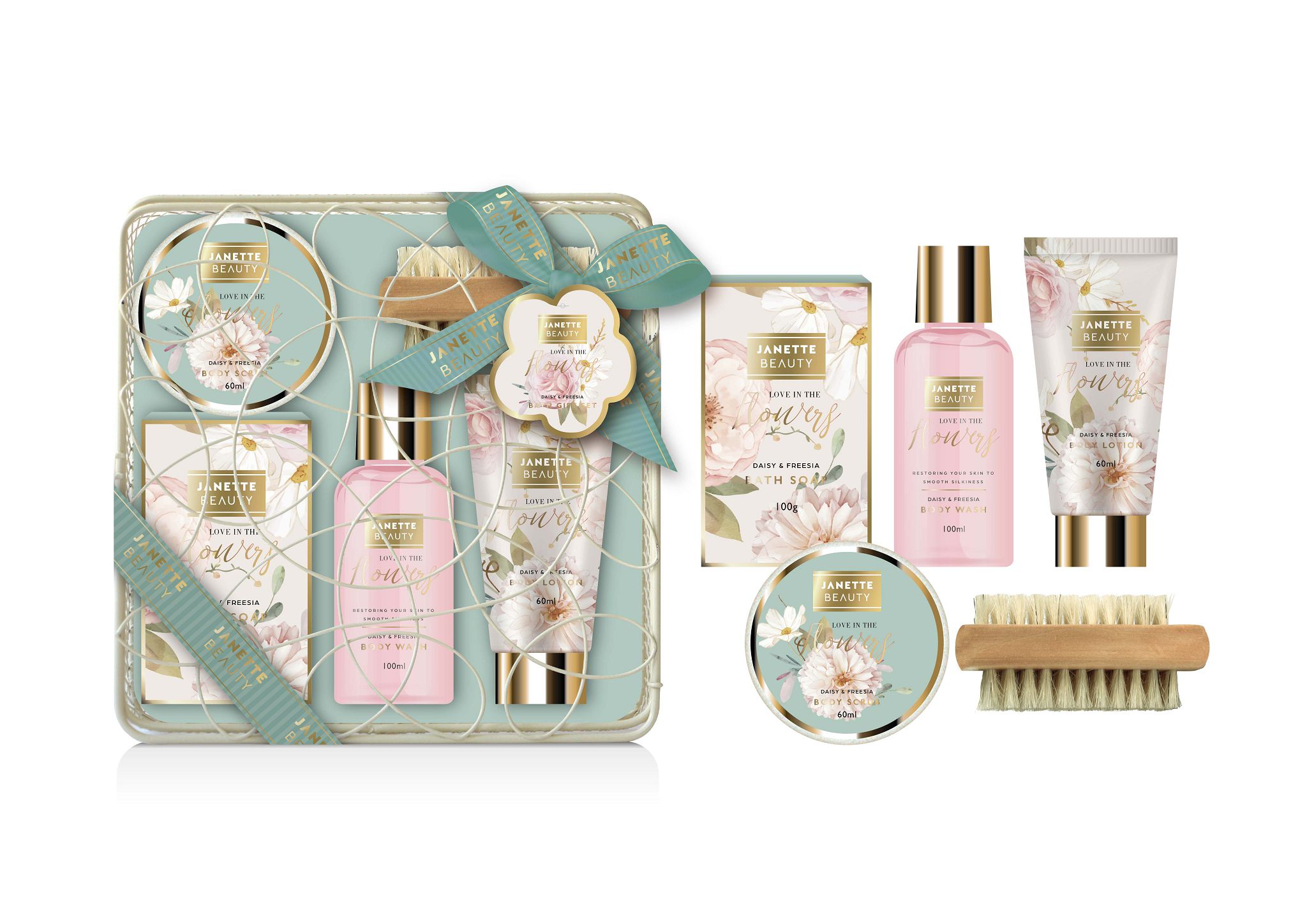 Květinový set FLOWER nabízí šest produktů, které přinášejí komplexní péči i krásné dárkové provedení. Sprchový gel a mýdlo čistí pokožku, tělové mléko a peeling se starají o její hydrataci a hebkost, kartáč podporuje masáž a kovová krabička dodává celé sadě elegantní vzhled. Květinová vůně přináší jemnost a romantiku, díky čemuž je tato kolekce ideálním tipem na originální dárek.