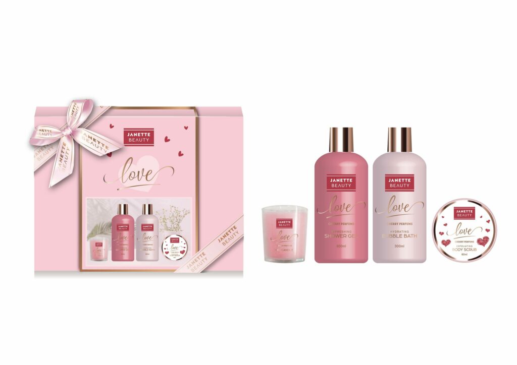 Kosmetická kolekce LOVE – cherry parfume je elegantní sada, která spojuje čtyři prvky péče a pohody. Sprchový gel a pěna do koupele dodají pokožce svěžest, peeling ji vyhladí a svíčka navodí romantickou atmosféru. Sladká třešňová vůně s parfémovým nádechem podtrhuje výjimečnost celé kolekce. Ideální jako dárek pro partnerku, který potěší obsahem i originálním balením.