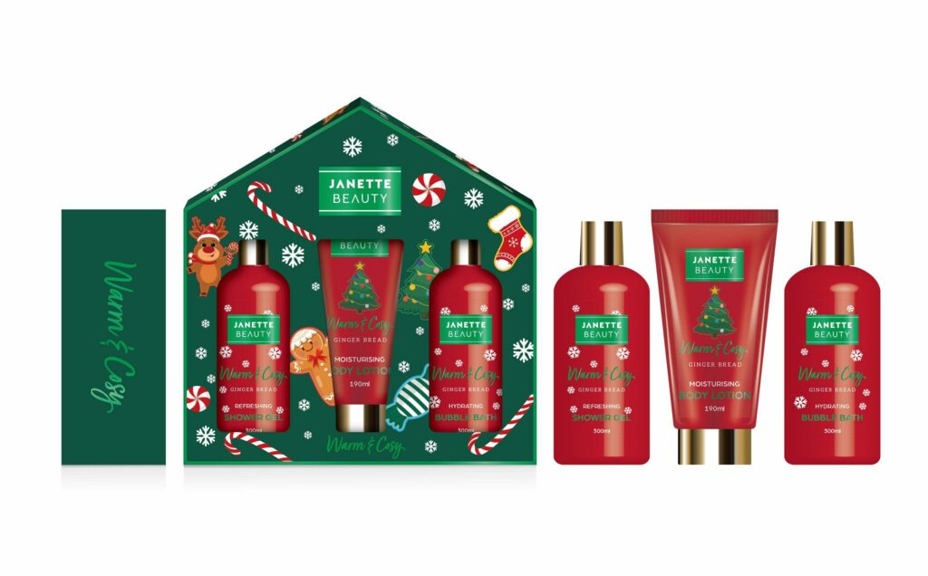 VÁNOČNÍ SET je praktická tříprvková sada, která spojuje sprchový gel, pěnu a tělové mléko. Díky vůni perníkového koření a sladkých tónů Vánoc působí jako ideální dárek pro ženy, které chtějí spojit každodenní péči s atmosférou sváteční pohody.
