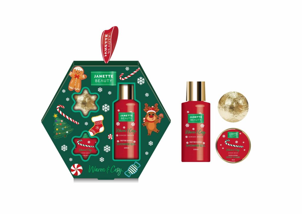 VÁNOČNÍ SET je malá kosmetická sada, která i přes svou velikost přináší dokonalý vánoční zážitek. Obsahuje sprchový gel, peeling a šumivou kouli do koupele, doplněné o vůni perníkového koření. Ideální jako drobný vánoční dárek, který potěší svým provedením i vůní.