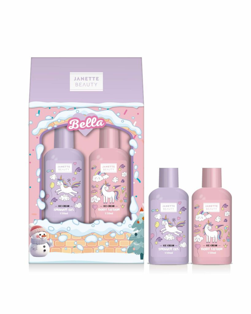 Kosmetický set pro děti Janette Beauty s vůní zmrzliny obsahuje jemný sprchový gel a tělové mléko, které společně tvoří dokonalou dvojici pro každodenní péči. Sladká zmrzlinová vůně provoní pokožku a promění běžnou hygienu v radostný rituál. Sada je ideální pro děti s citlivou pokožkou, protože kombinuje šetrné složení a hravou vůni. Díky kompaktnímu balení je vhodná také jako kosmetický dárek k narozeninám, Vánocům nebo Dni dětí.