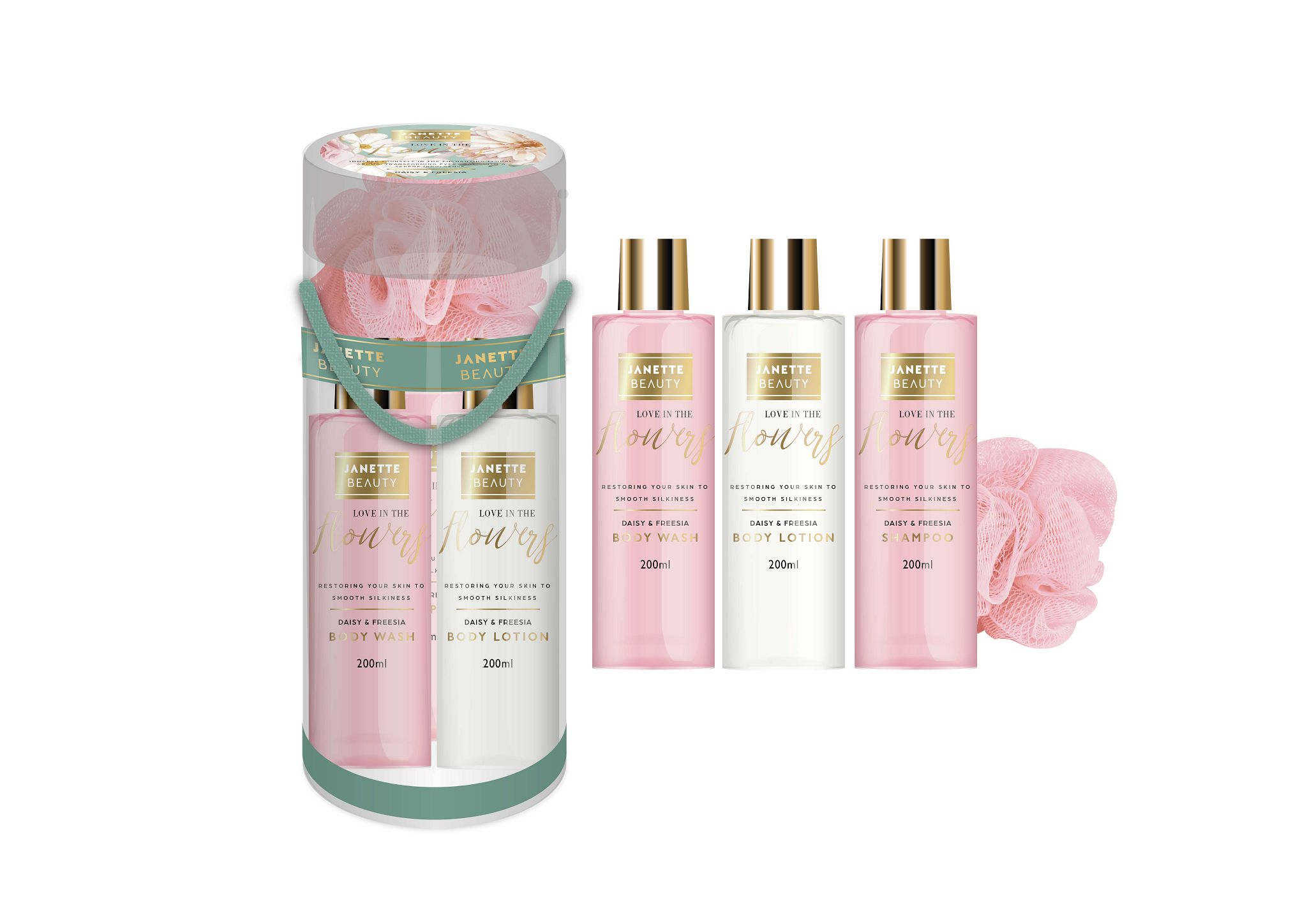 Květinový set FLOWER spojuje čtyři oblíbené produkty v elegantním dárkovém balení. Sprchový gel a šampon osvěžují tělo i vlasy, tělové mléko dodává pokožce hydrataci a houbička zpříjemňuje sprchování. Jemná květinová vůně podporuje pocit relaxace a pohody. Perfektní volba jako dárek i pro každodenní použití.