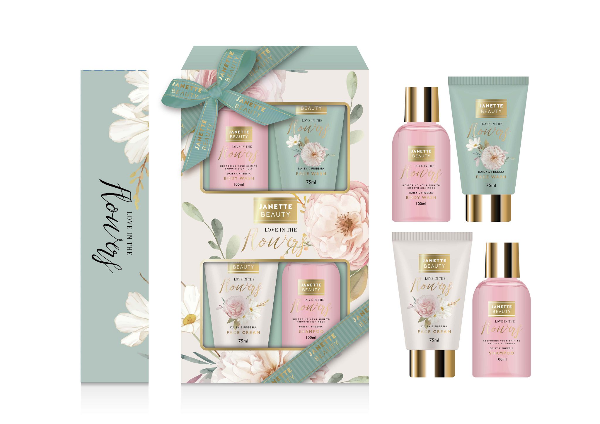 Květinový set FLOWER nabízí vyváženou kombinaci kosmetiky pro pokožku, vlasy i pleť. Sprchový gel osvěžuje tělo, šampon dodává vlasům svěžest, pleťový krém hydratuje a čisticí gel šetrně odstraňuje nečistoty. Květinová vůně dodává celé sadě jemnost a eleganci, takže se hodí jako dárkový set pro ženy, které si chtějí užít každodenní rituál krásy.