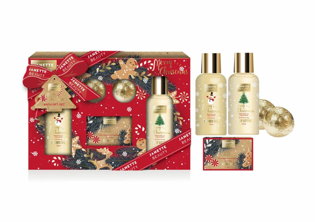 VÁNOČNÍ DÁREK s vůní Teplá vanilka a květ limetky je čtyřdílná kosmetická sada, která kombinuje tělovou péči a koupelovou relaxaci. Sprchový gel a mléko pečují o pokožku, zatímco sůl a šumivé koule přinášejí aromatickou koupelovou atmosféru. Tento set v krásném vánočním designu je ideální volbou pro ženy jako dárek pod stromeček.