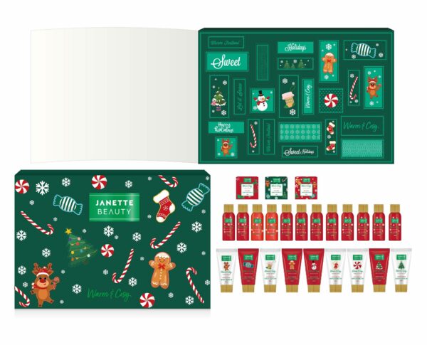 Adventní kalendář kosmetický Janette Beauty s vůní perníčku promění čekání na Vánoce v kouzelný zážitek. Každý den ukrývá malé překvapení v podobě kosmetiky či doplňků do koupelny, které provoní domov sladkou perníkovou vůní. Tento originální kosmetický set je ideálním dárkem pro ženy i dívky, které milují adventní tradice a chtějí si zpříjemnit každý prosincový den. Elegantní balení navíc působí luxusně a skvěle se hodí jako vánoční dárek pro maminku, přítelkyni nebo kamarádku.