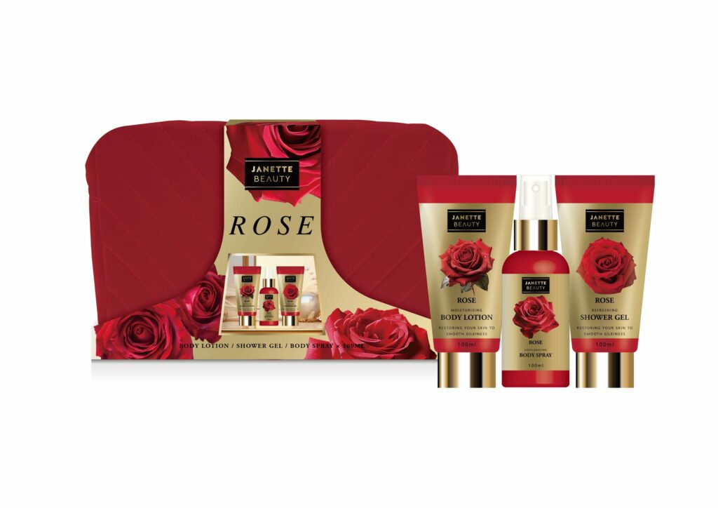 Luxusní dárkový set RŮŽE je čtyřdílná sada s vůní růže, která kombinuje každodenní péči o tělo s praktickým doplňkem. Sprchový gel a tělové mléko zajišťují základní tělovou péči, body spray přináší dlouhotrvající svěžest a kosmetická taška dodává celé sadě praktické využití. Perfektní dárek pro ženy, které milují eleganci a romantiku.