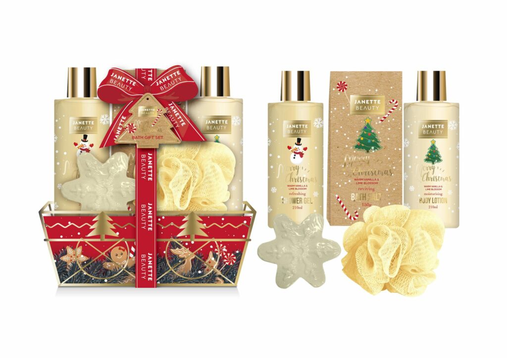 VÁNOČNÍ DÁREK s vůní Teplá vanilka a květ limetky je luxusní šestidílná sada v dekorativním vánočním košíku. Obsahuje sprchový gel, tělové mléko, sůl, kouli, houbičku a elegantní košík, který dodává sadě sváteční vzhled. Ideální jako výrazný vánoční dárek pro ženy, které si chtějí dopřát relaxaci a luxusní péči.