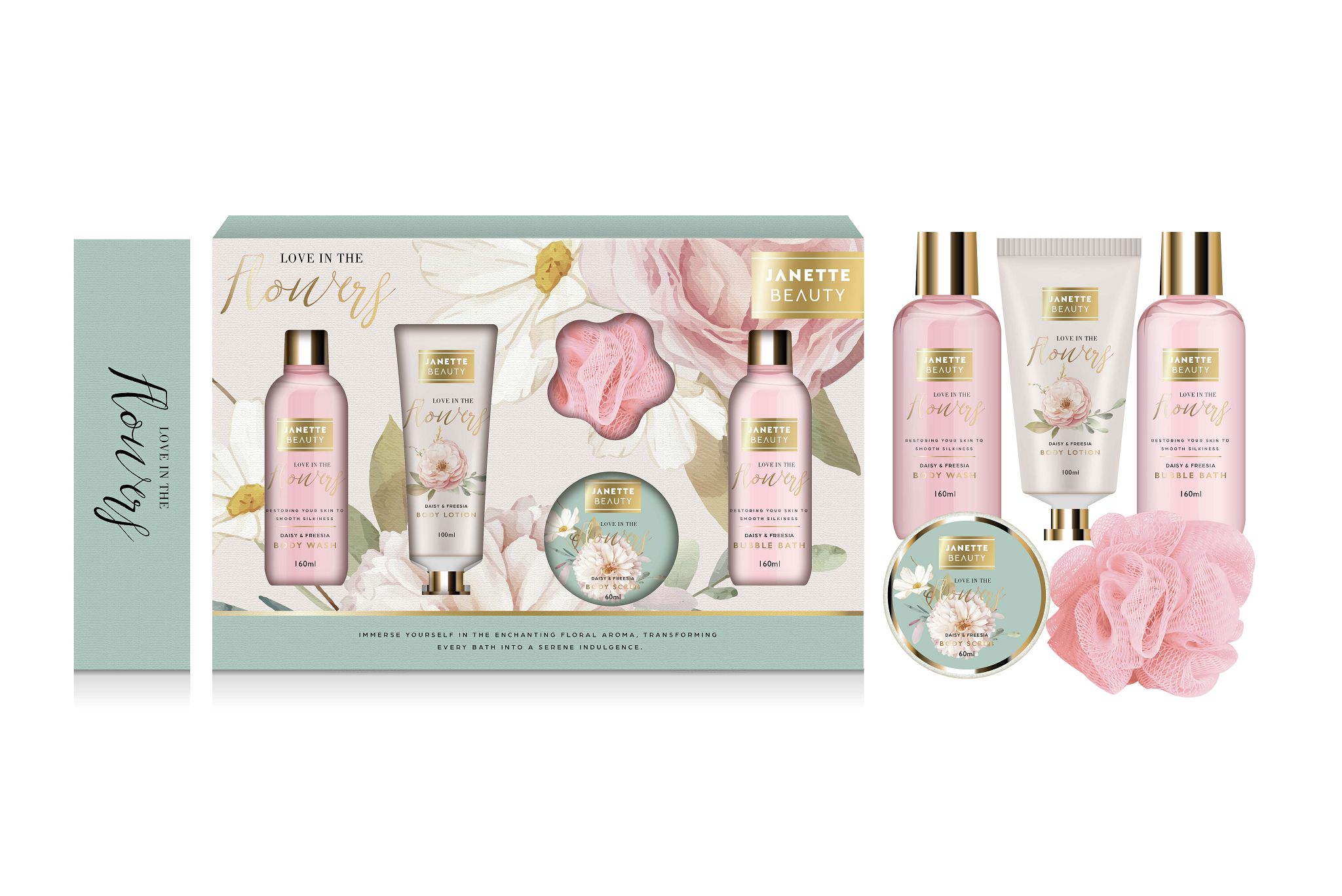 Květinový set FLOWER je pětídílná kolekce, která přináší jemnou péči o pokožku i příjemnou relaxaci. Sprchový gel a pěna osvěží tělo, tělové mléko dodá hydrataci, peeling vyhladí pokožku a houbička zpříjemní koupelový zážitek. Květinová vůně celé sady působí romanticky a elegantně, takže se hodí jako dárkový set k narozeninám, Vánocům i pro každodenní radost.