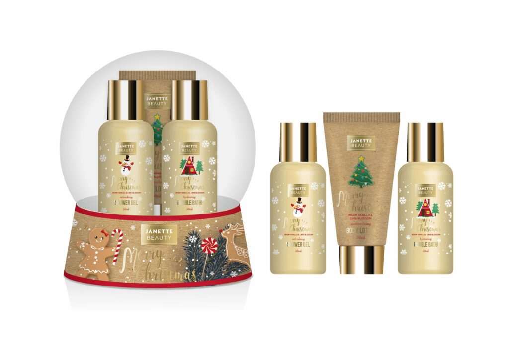 VÁNOČNÍ DÁREK s vůní Teplá vanilka a květ limetky je menší, ale stylová sada, která spojuje tělovou péči se svátečním designem. Sprchový gel a pěna osvěží, tělové mléko hydratuje a dekorativní koule dodává sadě slavnostní vzhled. Perfektní volba jako drobný dárek pod vánoční stromeček.