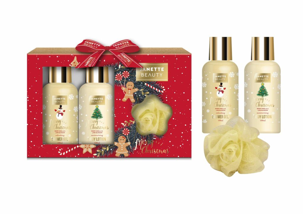 VÁNOČNÍ DÁREK s vůní Teplá vanilka a květ limetky je menší tříprvková kosmetická sada v elegantním vánočním designu. Sprchový gel a tělové mléko zajišťují kompletní péči o pokožku, kterou houbička příjemně doplní. Díky sváteční vůni je tato sada ideálním dárkem k Vánocům, který potěší a zahřeje.