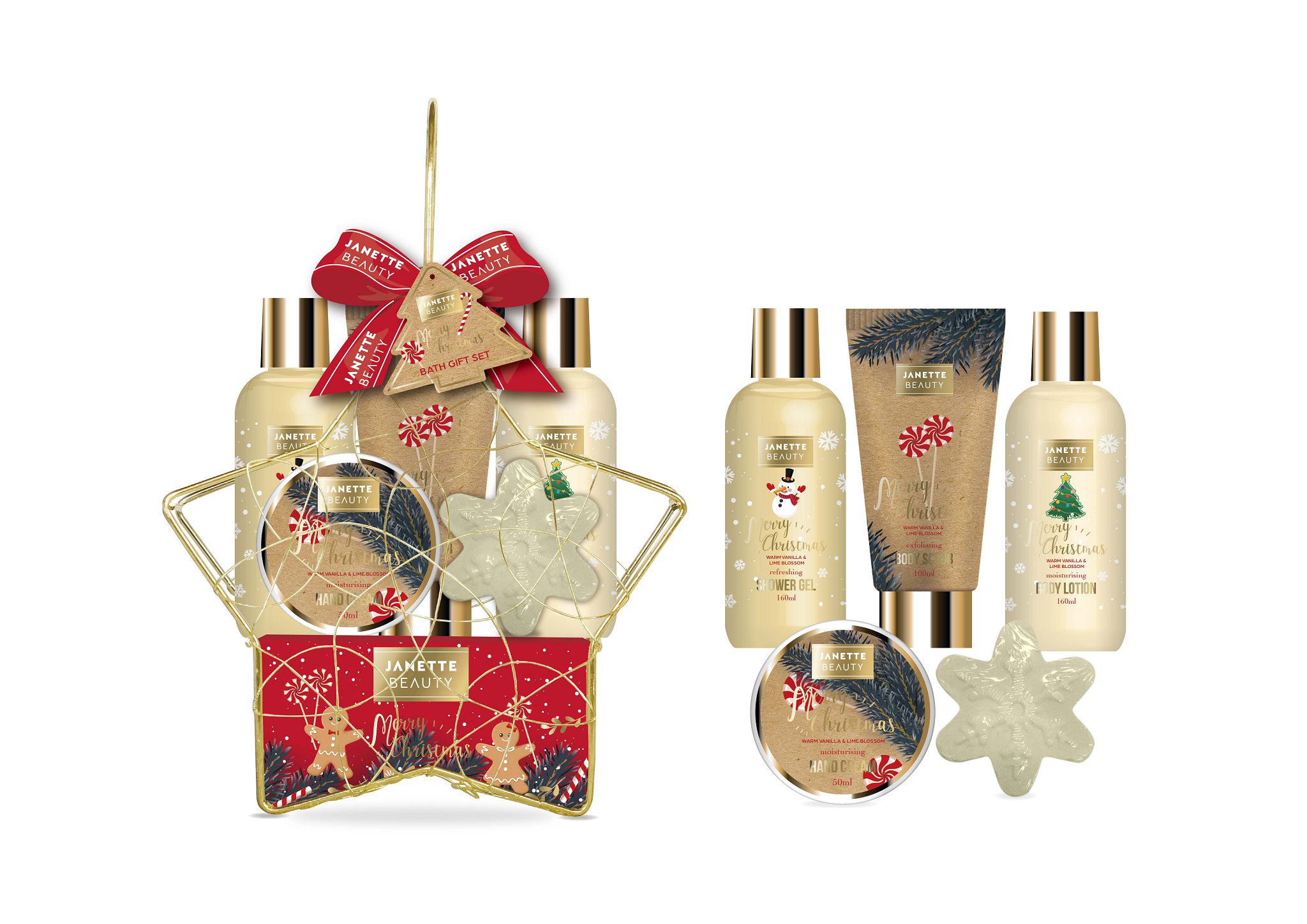 VÁNOČNÍ DÁREK s vůní Teplá vanilka a květ limetky je elegantní šestidílná sada, která spojuje kompletní tělovou péči s vánočním kouzlem. Obsahuje sprchový gel, mléko, peeling, krém na ruce, šumivou kouli a dekorativní hvězdu. Je to perfektní tip na luxusní dárek pod stromeček pro ženy, které milují spojení krásné kosmetiky a sváteční atmosféry.